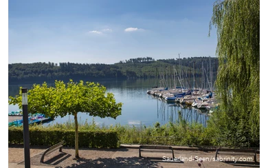 Blick auf den See mit Segelbooten von der Promenade aus